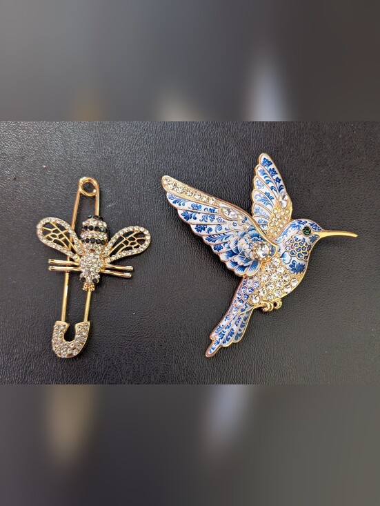 None Jewelry - Gold & Blue Hummingbird Crystal Brooch -and Bee Pin